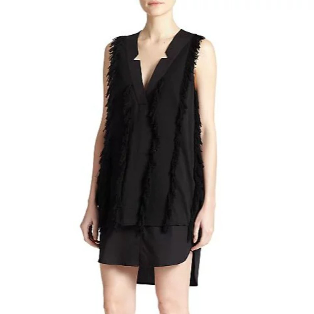 Derek Lam 10 Crosby Black Panel Fringe Sleeveless Cotton Silk Blend Dress Size 6